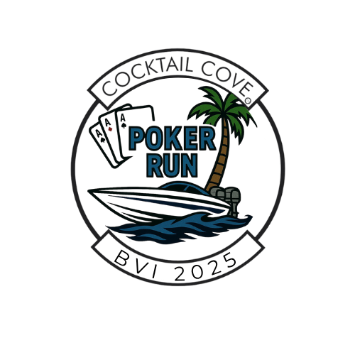 Custom sticker example: white BVI Poker Run 2025 sticker with playing cards, palm tree and powerboat