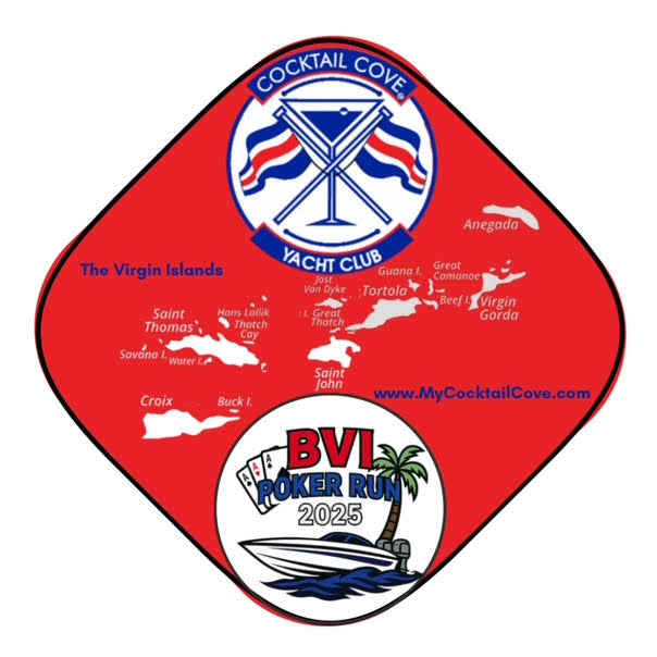 Custom sticker example: red Virgin Islands chart sticker with the Cocktail Cove Yacht Club double logo and BVI Poker Run 2025 badge
