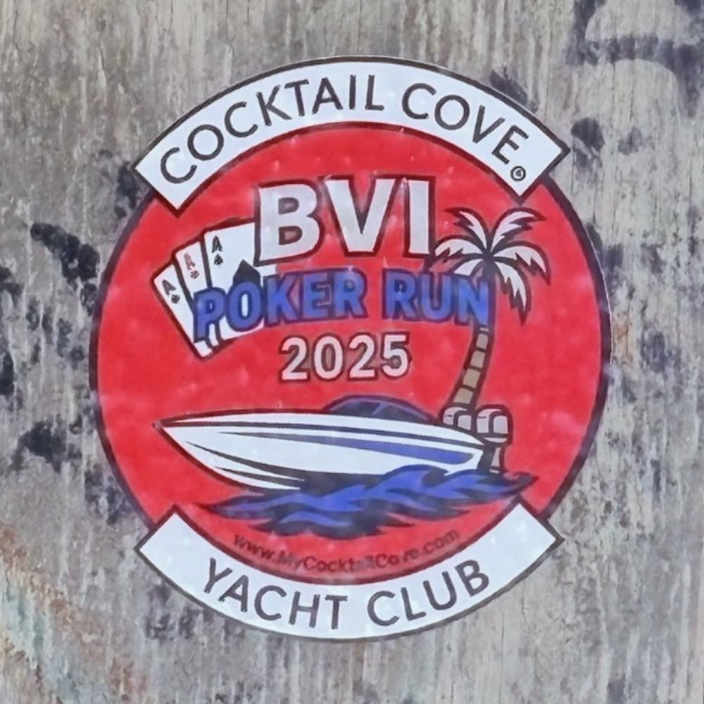 The round red BVI Poker Run 2025 sticker out in the wild, on a sticker-covered beach bar wall
