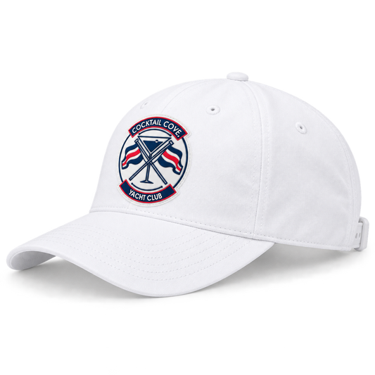 White Cocktail Cove Yacht Club dad hat with the club badge patch, side angle