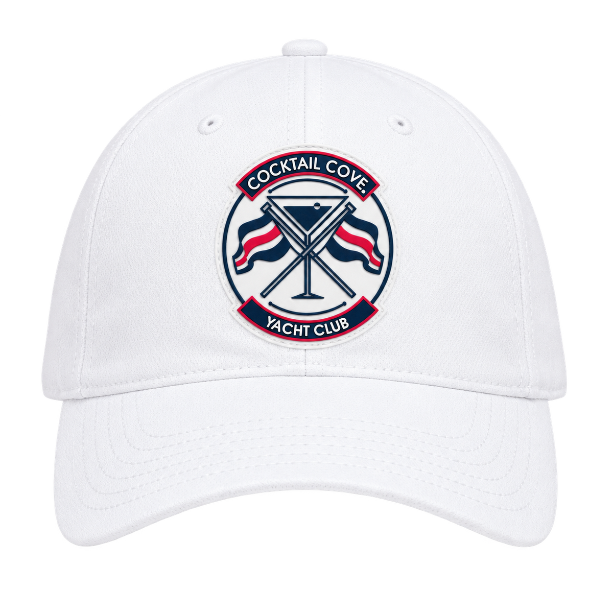 White Cocktail Cove Yacht Club dad hat, front view of the badge patch