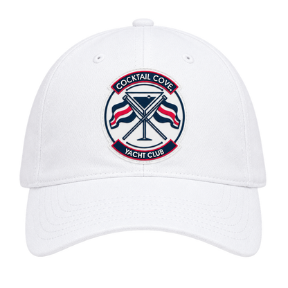 White Cocktail Cove Yacht Club dad hat, front view of the badge patch