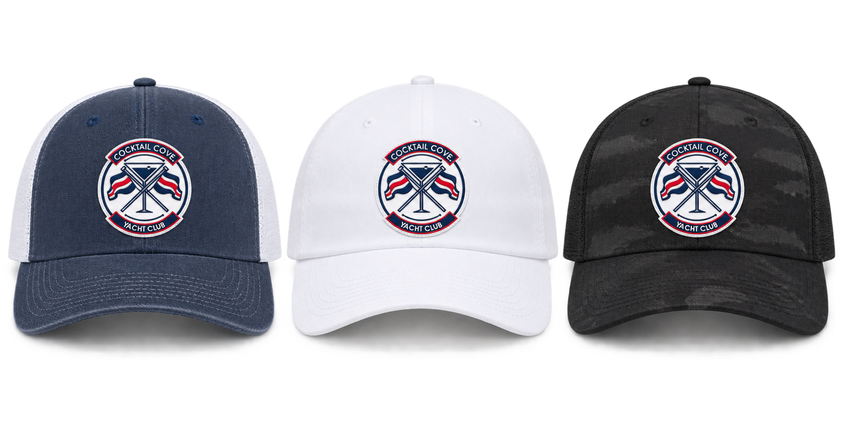 Navy and white trucker, white dad hat, and black camo trucker with the Cocktail Cove Yacht Club badge, side by side
