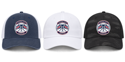 Navy and white trucker, white dad hat, and black camo trucker with the Cocktail Cove Yacht Club badge, side by side