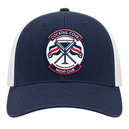 Navy and white trucker hat, included in the 3-pack