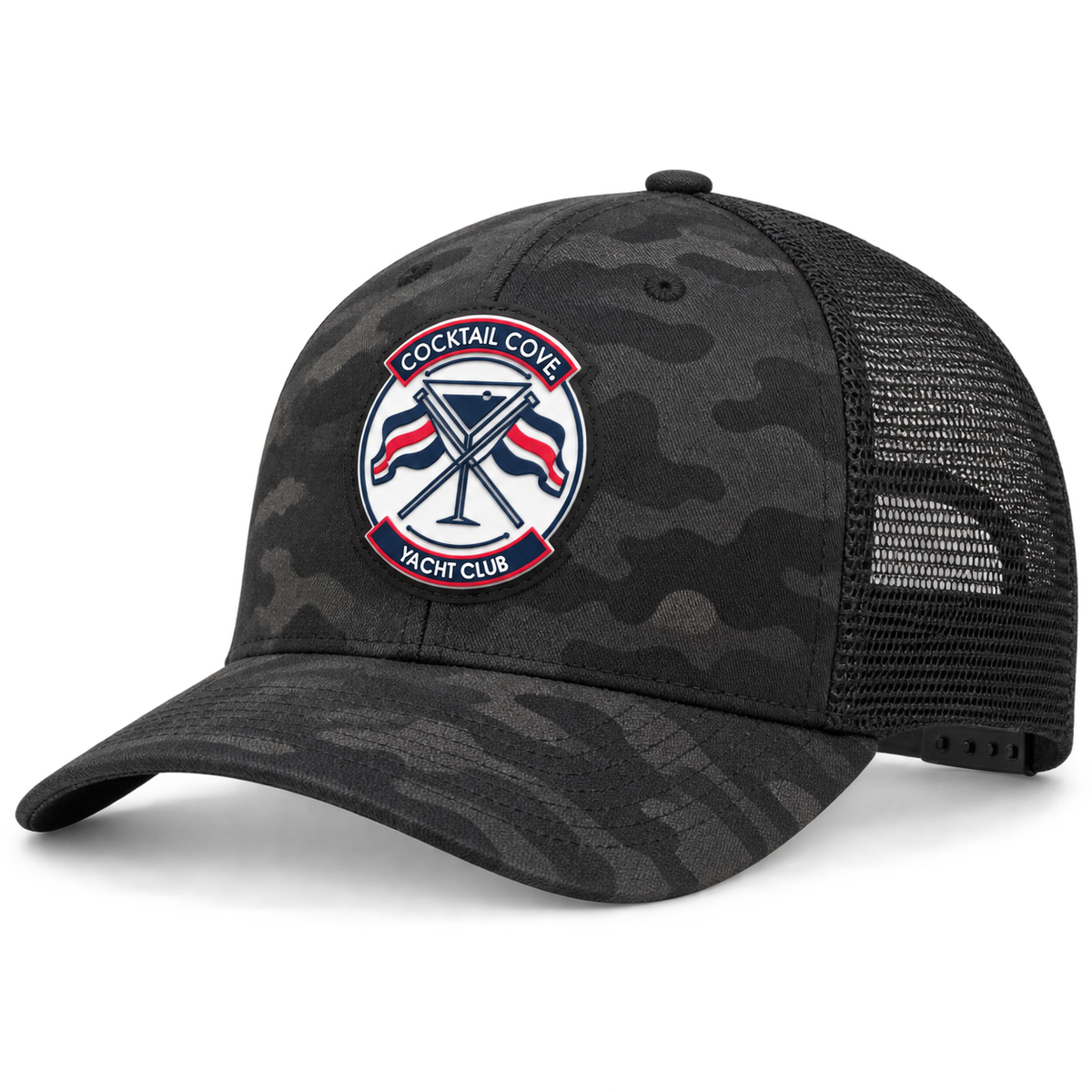 Black camo Cocktail Cove Yacht Club trucker hat with the club badge patch, side angle