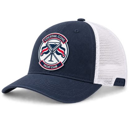 Navy and white Cocktail Cove Yacht Club trucker hat with the club badge patch, side angle