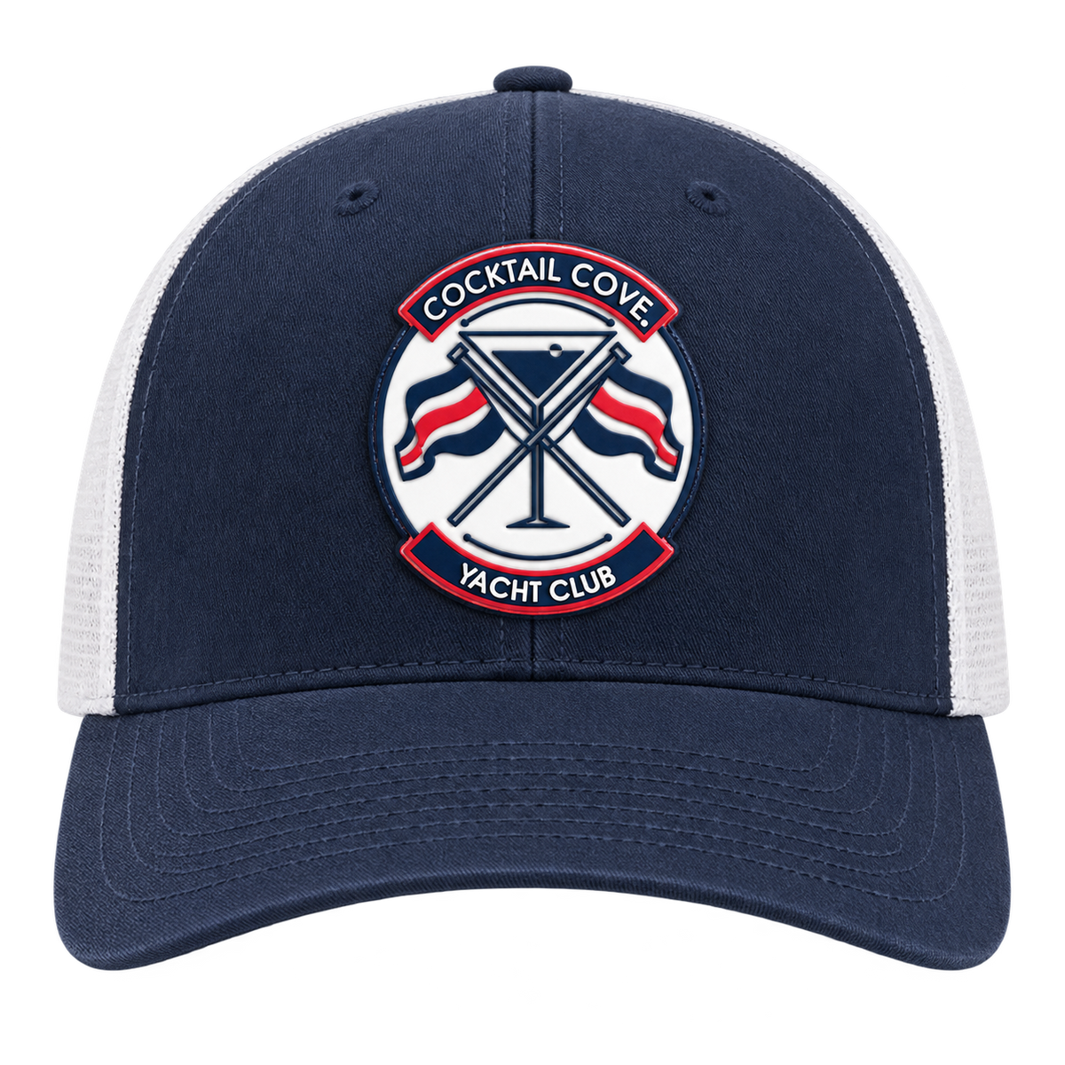 Navy and white Cocktail Cove Yacht Club trucker hat, front view of the badge patch