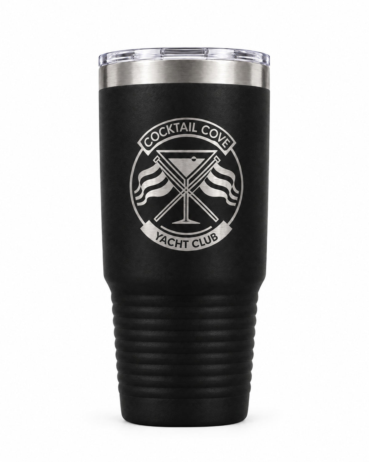 Black 30oz insulated tumbler engraved with the Cocktail Cove Yacht Club crest