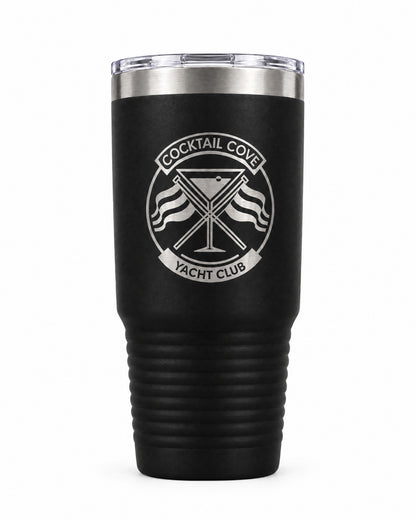 Black 30oz insulated tumbler engraved with the Cocktail Cove Yacht Club crest