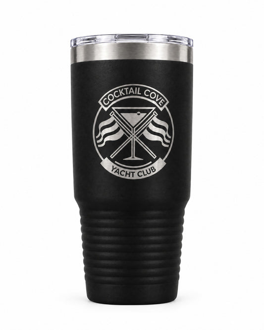 Black 30oz insulated tumbler engraved with the Cocktail Cove Yacht Club crest