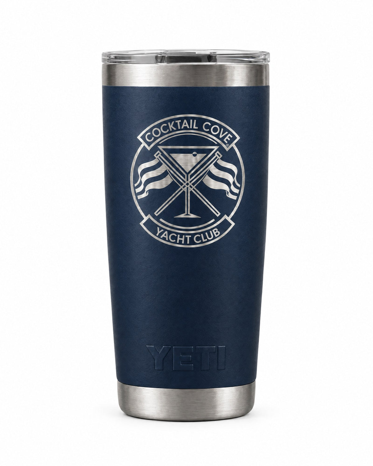 Navy 20oz YETI Rambler laser-engraved with the Cocktail Cove Yacht Club crest