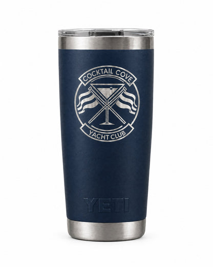 Navy 20oz YETI Rambler laser-engraved with the Cocktail Cove Yacht Club crest