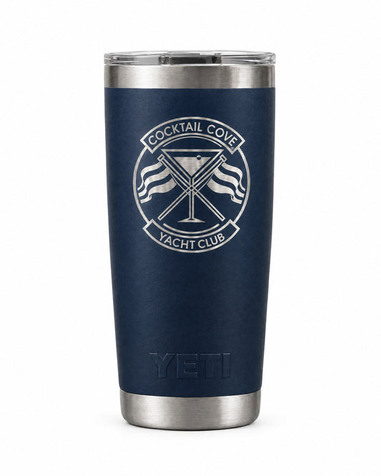 Navy 20oz YETI Rambler laser-engraved with the Cocktail Cove Yacht Club crest