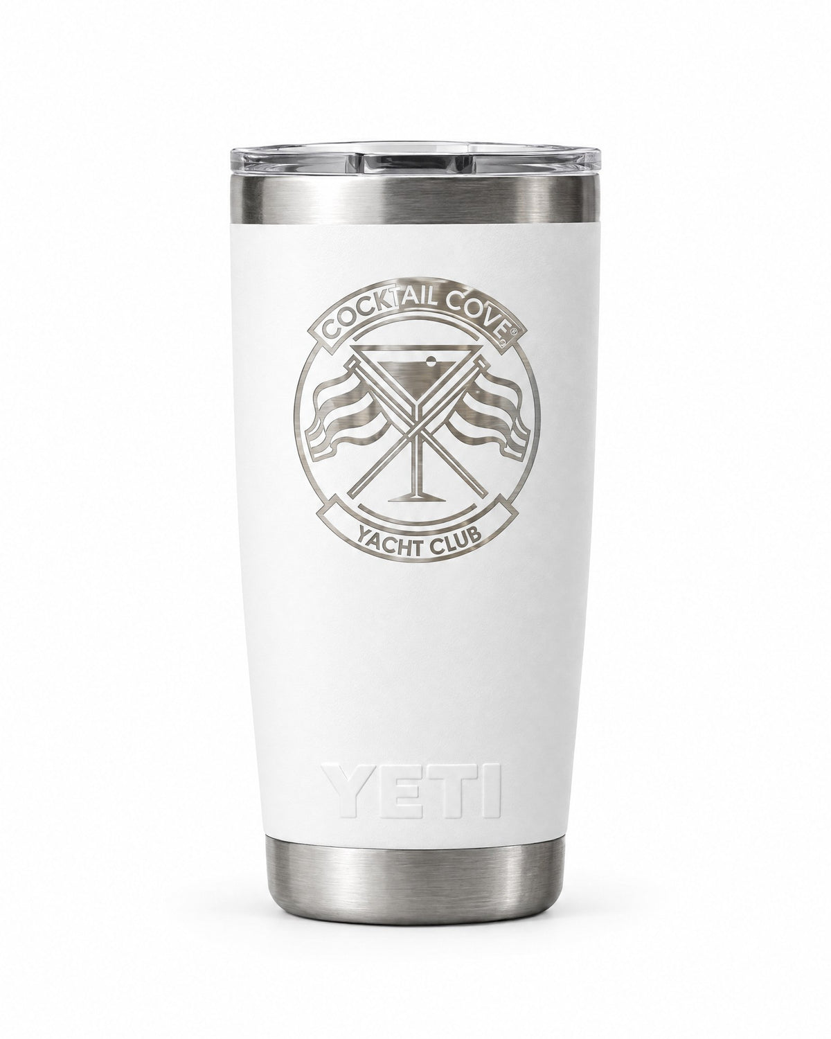 White 20oz YETI Rambler laser-engraved with the Cocktail Cove Yacht Club crest
