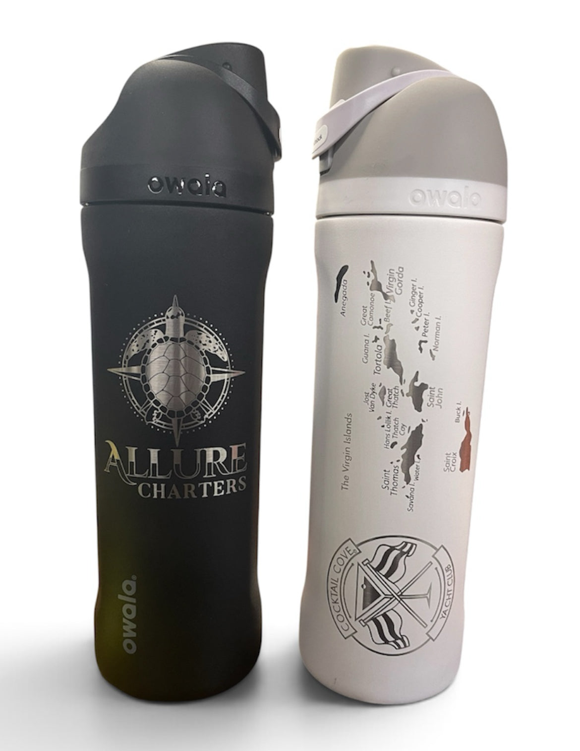 BVI edition custom Owala FreeSip bottles, black and white, engraved