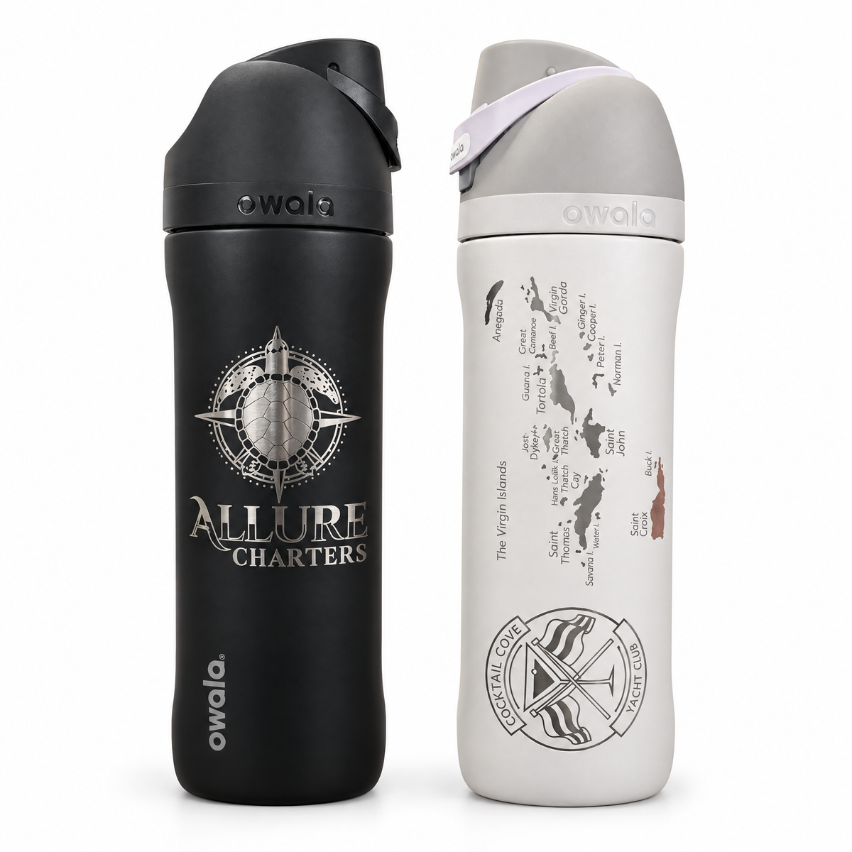 Custom Crew Owala FreeSip bottles in black and white, laser engraved with a charter logo and the Virgin Islands chart with the Cocktail Cove Yacht Club badge