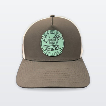 Custom hat example: charcoal and white trucker hat with a seafoam Cocktail Cove BVI Poker Run 2025 patch