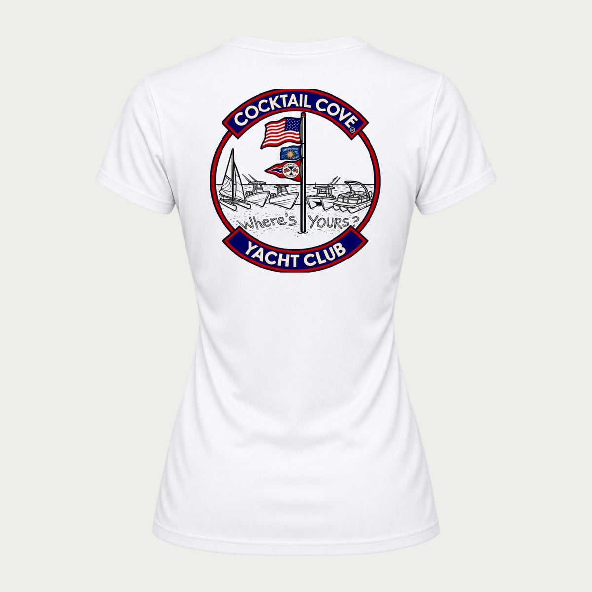 Original Sandbar Women's V-Neck in white, back: boats nosed into the sandbar under the flags with Where's Yours? in the sand