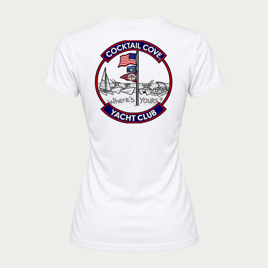 Original Sandbar Women's V-Neck in white, back: boats nosed into the sandbar under the flags with Where's Yours? in the sand