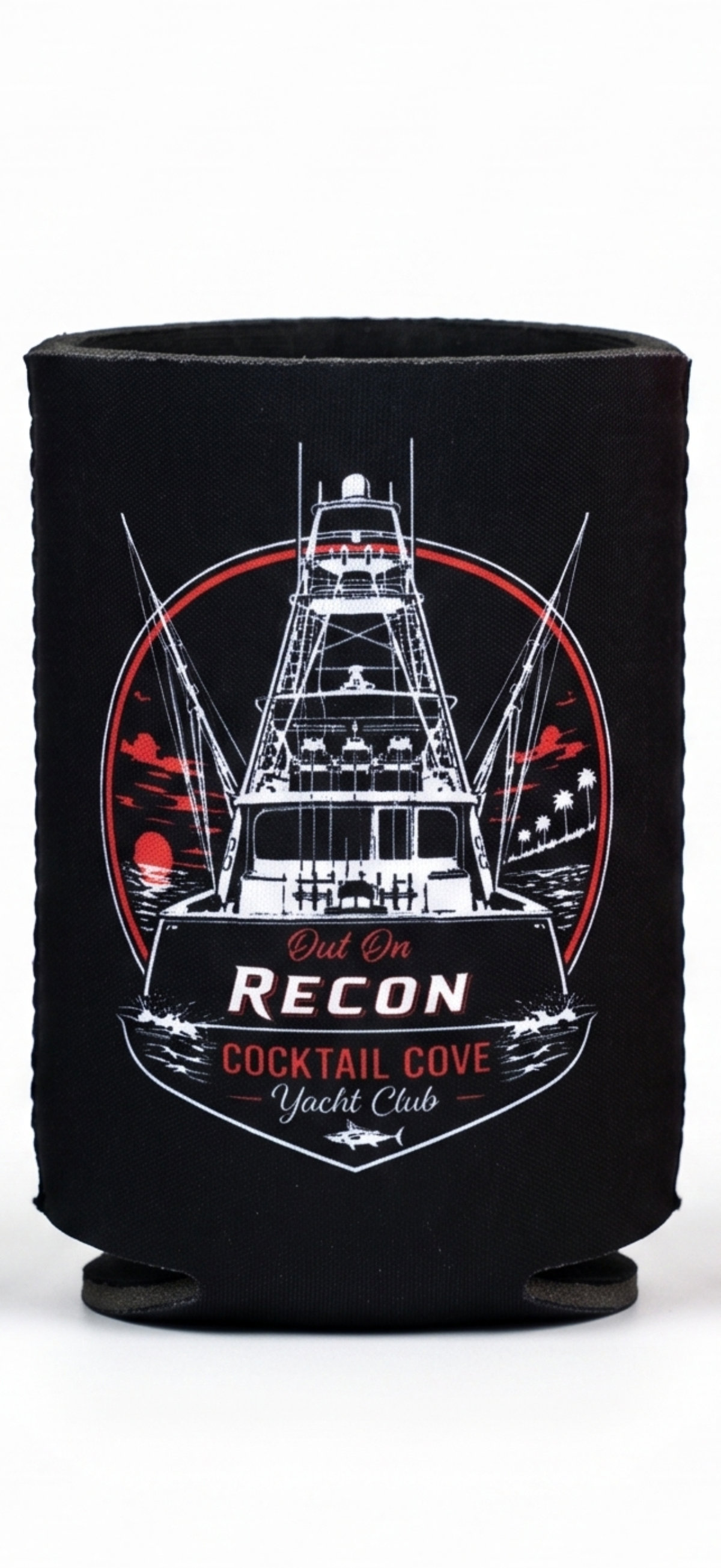 Black Out On Recon can koozie with a sportfisher tower and red sunset