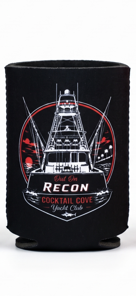 Black Out On Recon can koozie with a sportfisher tower and red sunset