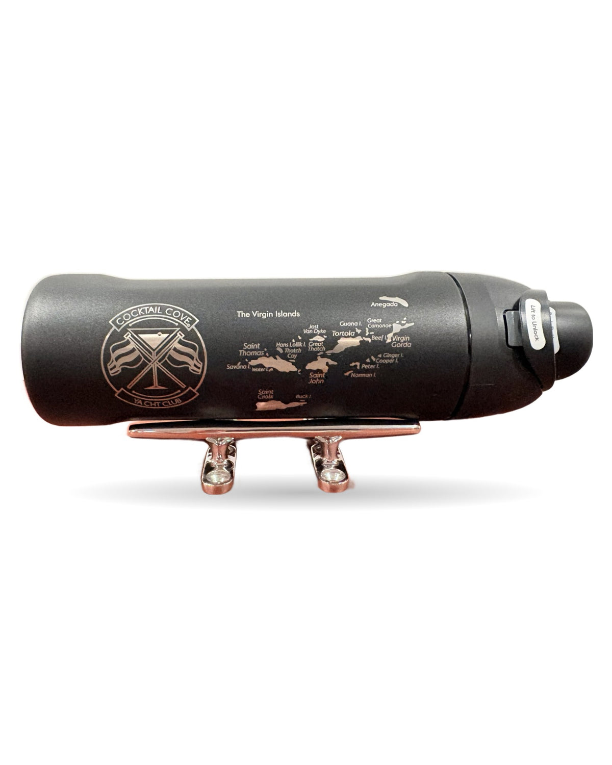 Black Virgin Islands Owala FreeSip 24oz resting on a chrome boat cleat, engraved with the Virgin Islands map and the Cocktail Cove Yacht Club crest