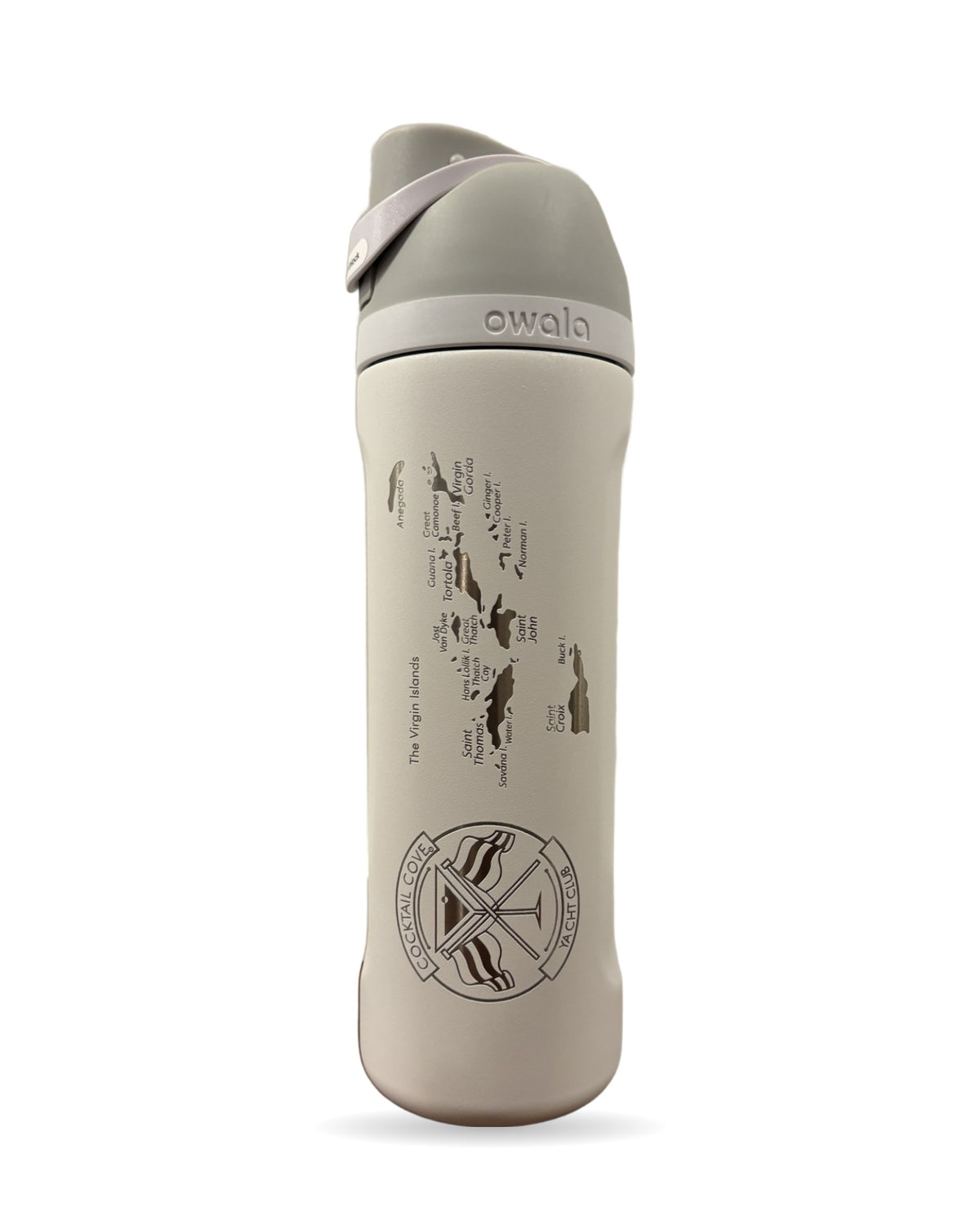 White Owala FreeSip 24oz bottle engraved with a Virgin Islands map and the Cocktail Cove Yacht Club crest