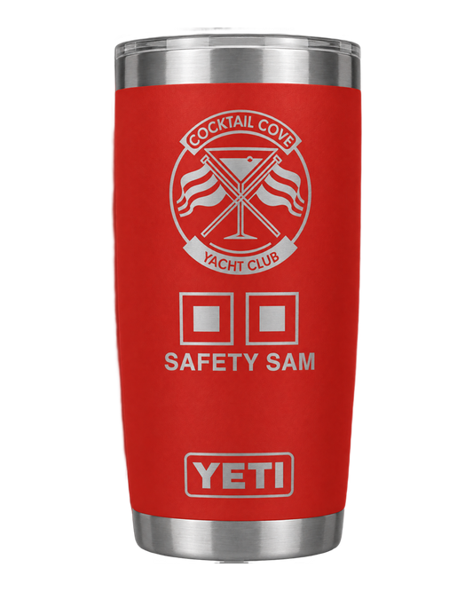 Red 20 oz Safety Sam YETI Rambler engraved with the Cocktail Cove Yacht Club crest, signal flags and Safety Sam name
