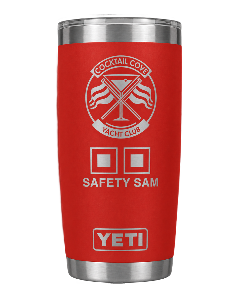 Red 20 oz Safety Sam YETI Rambler engraved with the Cocktail Cove Yacht Club crest, signal flags and Safety Sam name