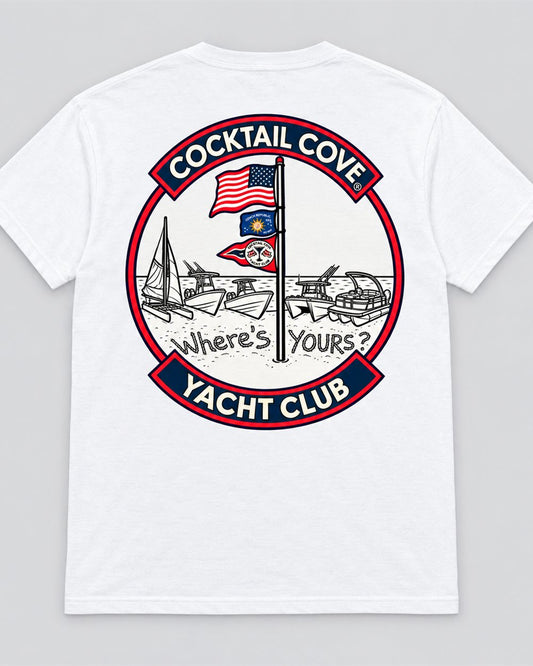 Original Sandbar Tee in White, back view with the Cocktail Cove Yacht Club sandbar crest