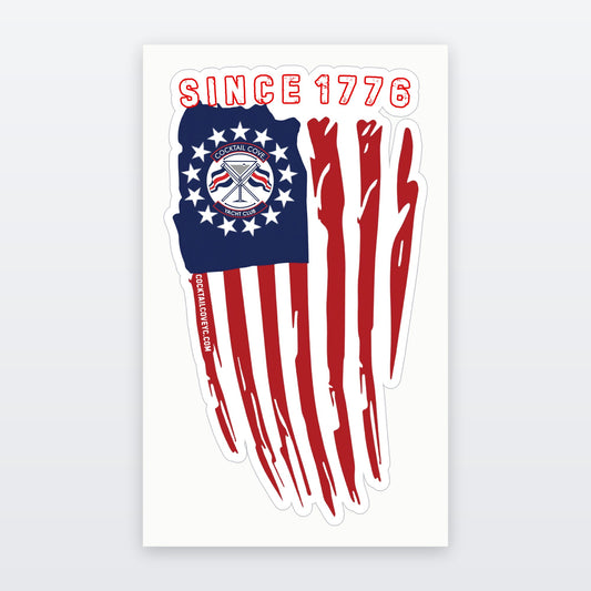 Since 1776 sticker: distressed American flag with the Cocktail Cove Yacht Club crest in a ring of stars and cocktailcoveyc.com