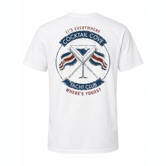 Vintage Logo Tee, back: distressed Cocktail Cove Yacht Club crest with It's Everywhere and Where's Yours?