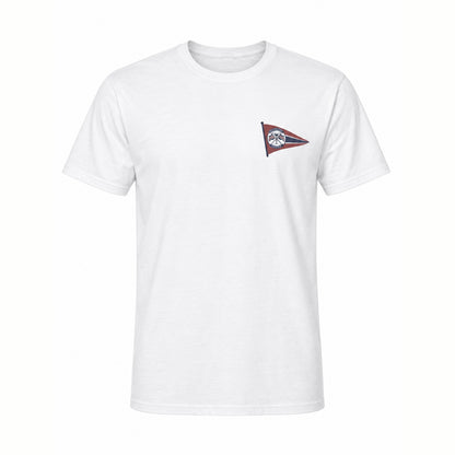 Vintage Logo Tee, front: club burgee on the left chest, white tee