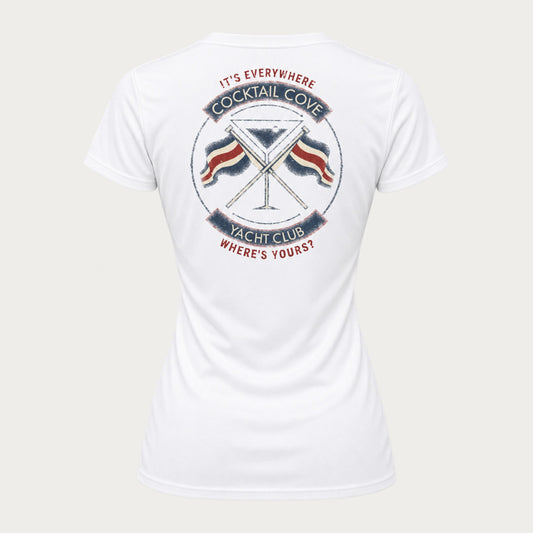 Vintage Logo Women's V-Neck in white, back: distressed Cocktail Cove Yacht Club crest with It's Everywhere and Where's Yours?