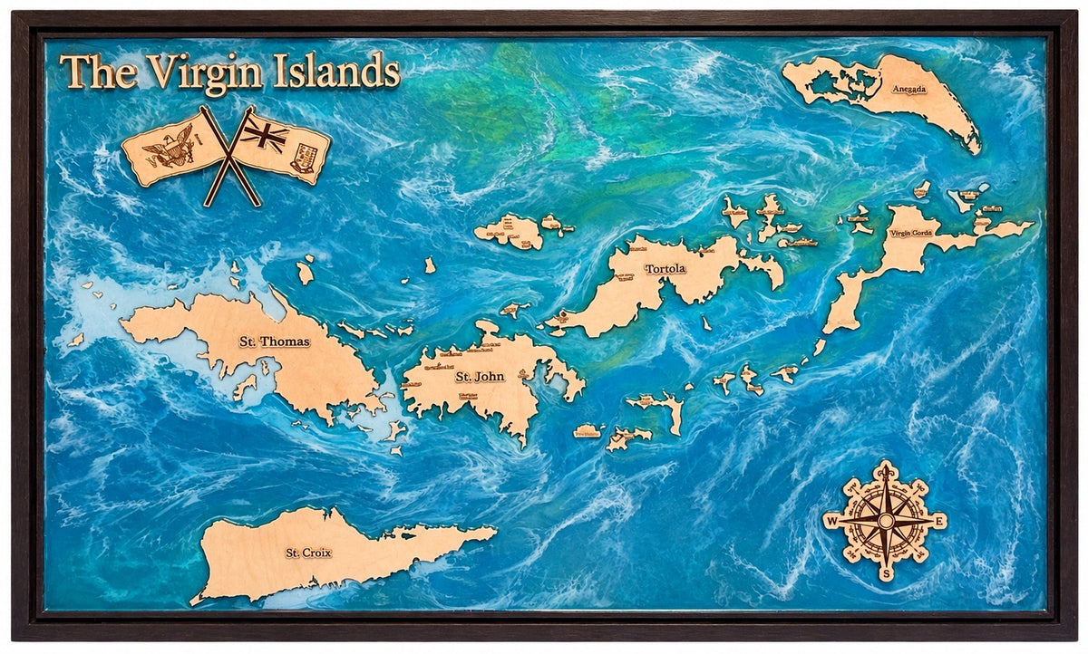 The Virgin Islands chart by The Weathered Dragonfly: Baltic birch islands from St. Croix and St. Thomas to Tortola, Virgin Gorda and Anegada on a swirling turquoise sea, with crossed U.S. Virgin Islands and BVI flags and a compass rose, in a dark frame