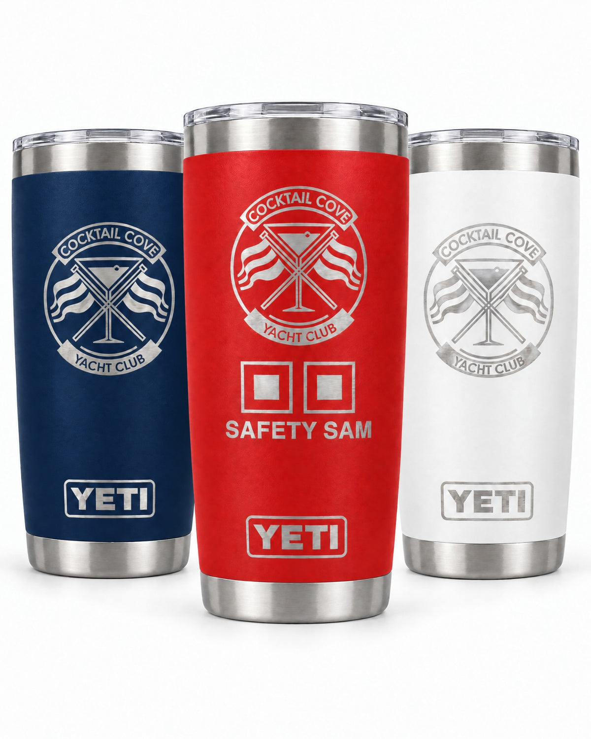 Special Edition 20oz Yeti set of 3: navy and white Cocktail Cove Yacht Club crest Ramblers with the red Safety Sam Rambler
