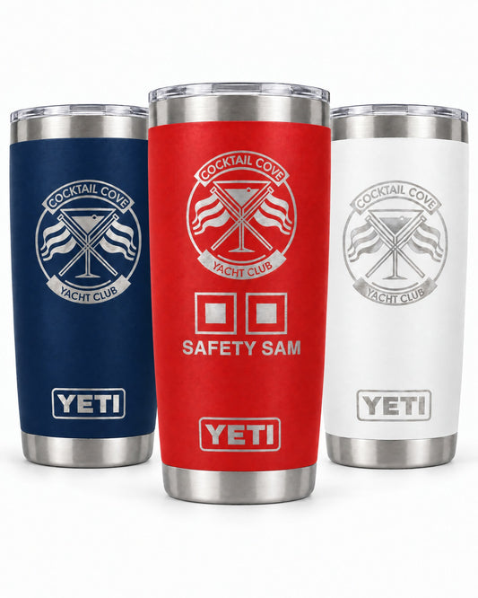 Special Edition 20oz Yeti set of 3: navy and white Cocktail Cove Yacht Club crest Ramblers with the red Safety Sam Rambler