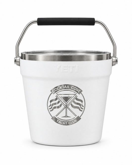 White YETI Rambler Beverage Bucket engraved with the Cocktail Cove Yacht Club crest