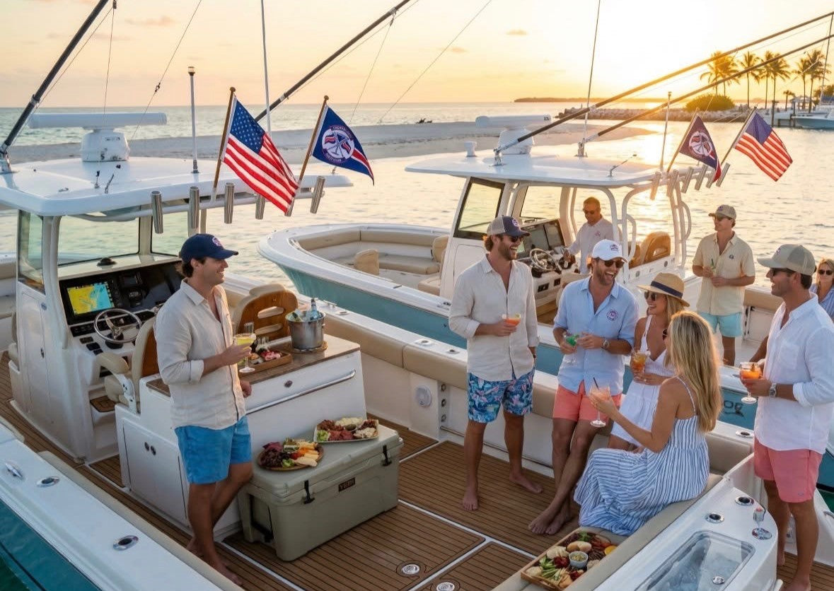 Crew sharing drinks on two center consoles rafted up at a sandbar at sunset