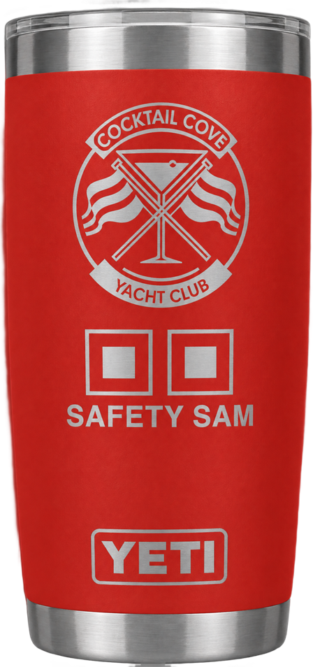 Red 20 oz Safety Sam YETI Rambler engraved with the Cocktail Cove Yacht Club crest, signal flags and Safety Sam name