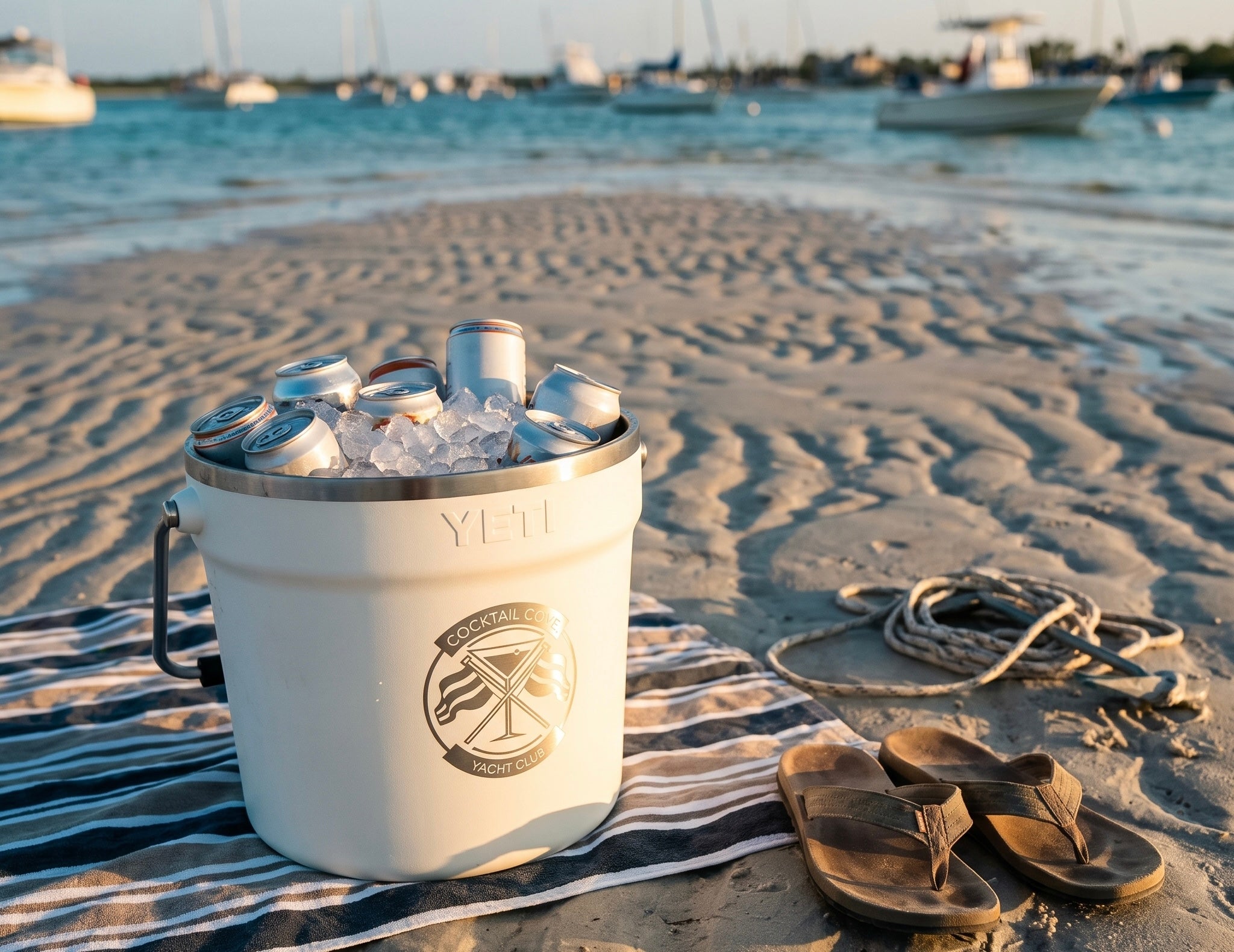 Ice-filled Cocktail Cove YETI bucket on a towel at the sandbar
